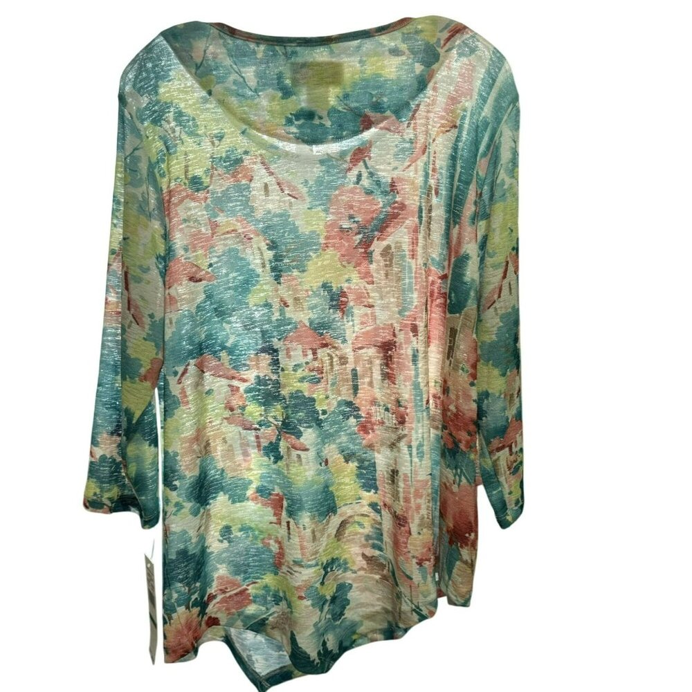 Alfred Dunner Womens Sz L Colorful Beaded Coastal Drive Pullover Top Stretch NEW